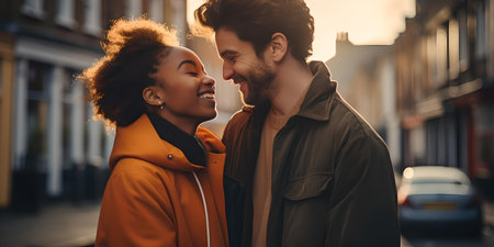 A young couple sharing a tender embrace on a quiet city street at sunset, exuding romance and love. A.I.の素材