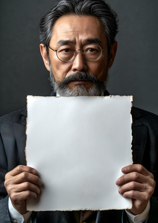 Mature businessman with spectacles presenting empty space, serious look. marketing concept. A.I.の素材