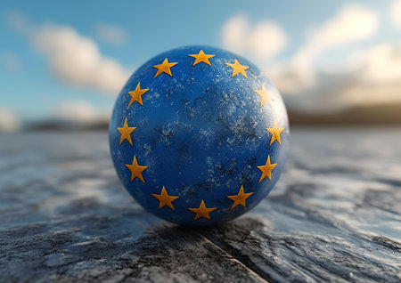Digitally generated blue globe with gold stars representing global cooperation rests on textured ground. A.I.の素材