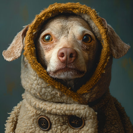 A cute dog dressed in a warm coat gazes with expressive eyes, capturing hearts in this charming image. A.I.の素材