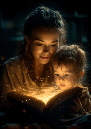 A heartwarming scene as a mother and child are engrossed in a glowing storybook at night. pure magic. A.I.の素材