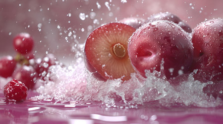 Dynamic close-up shot of plums splashing in water, conveying freshness and vitality, ideal for food advertising. A.I.の素材