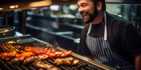 A cheerful male chef grills meat and vegetables in a professional kitchen, showing culinary skills and joy. A.I.の素材