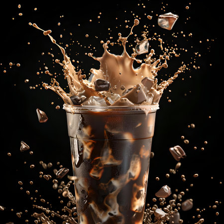 Exquisite capture of lively coffee splash, glass frozen in time against a dark backdrop, perfect for cafe vibes. A.I.の素材