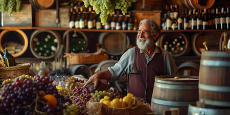 Elderly vendor with a warm smile in a rustic store. evoking traditional trade and local commerce. A.I.の素材