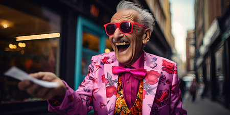 Elderly male in vibrant atmosphere enjoys a humorous moment outdoors, showcasing unique personal style. A.I.の素材