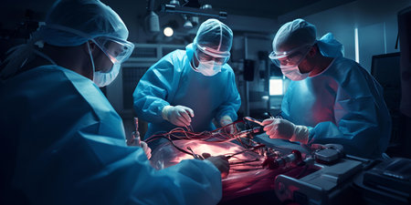 Surgeons in scrubs perform an operation in a modern OR, showing teamwork and expertise in healthcare. A.I.の素材