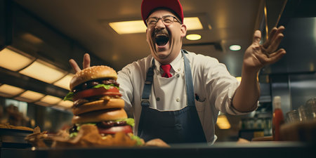 Joyous male chef with a giant hamburger in a bustling diner setting captures the fun of casual dining. A.I.の素材