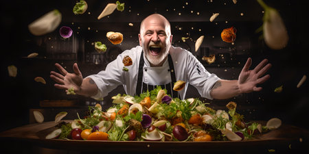 A cheerful bald chef with flying vegetables around him, expressing the fun of cooking in a dark setting. A.I.の素材