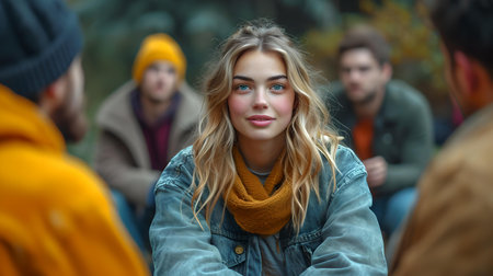 Candid shot of a young woman enjoying a conversation with friends in a tranquil forest setting. A.I.の素材