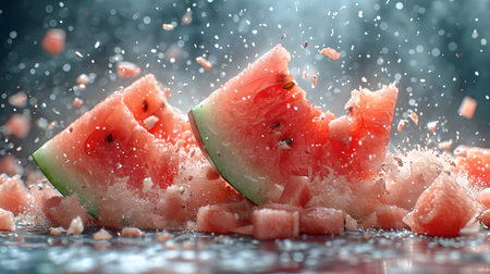 Juicy watermelon slices with falling drops of water captured in high detail. ideal for summer food ads. A.I.の素材