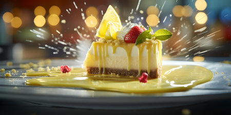 Sumptuous cheesecake on plate with dynamic splash, ideal for food photography and dessert marketing. A.I.の素材