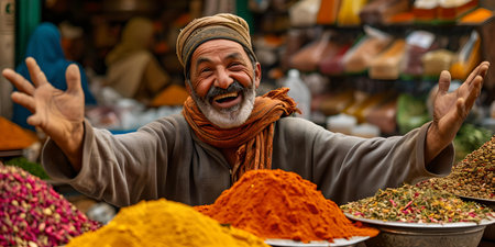 Bright colored spices frame a cheerful vendor in a traditional market, offering a glimpse into vibrant daily life. A.I.の素材