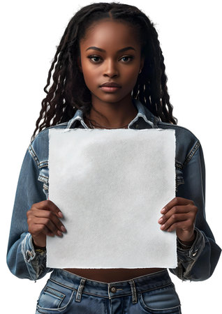 Young african-american woman in denim holding an empty sign. ideal for marketing and mockups. A.I.の素材