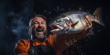 Joyful man in action as he catches a large fish. high contrast and dynamic motion define this thrilling scene. A.I.の素材