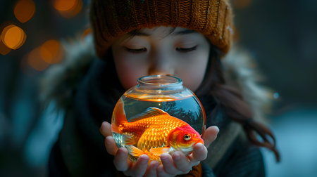 Child gazing at vibrant goldfish in a transparent bowl with fascination on her face, illuminated by soft light. A.I.の素材