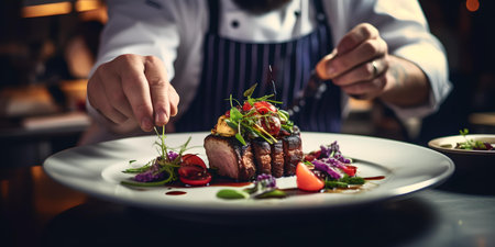 Chef in apron adding final touch to a gourmet meal. ideal for culinary and hospitality themes. A.I.の素材