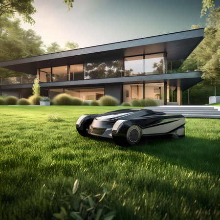 AI-generated scene of a high-tech vehicle outside a sleek contemporary home amidst lush greenery. A.I.の素材