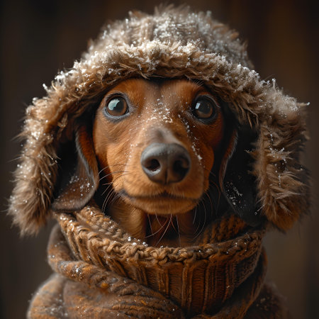 A charming dachshund in a cozy hat exudes warmth and cuteness in a soft-focused background. A.I.の素材