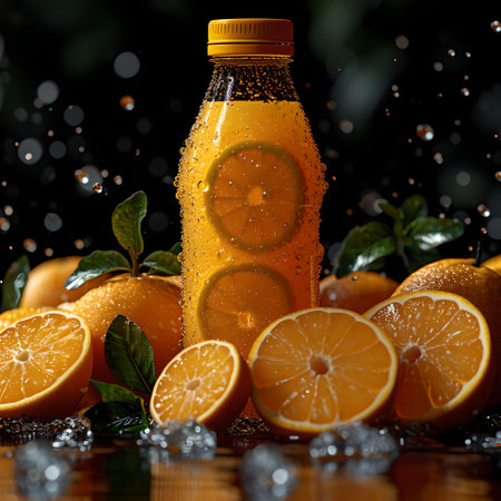 A vibrant display of fresh orange juice with water droplets and whole sliced oranges. appetizing and fresh. A.I.の素材