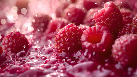 Juicy fresh raspberries in close-up, adorned with water droplets under soft lighting. ideal for culinary use. A.I.の素材