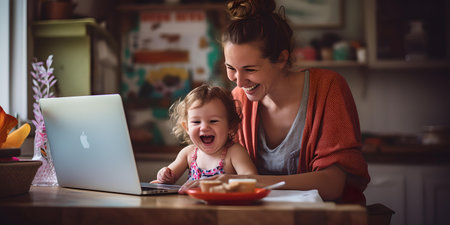 Joyful young mother with baby using a computer in a cozy kitchen. candid family life. captured in soft natural light. A.I.の素材