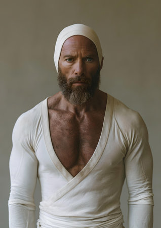 Serene bearded man in a headwrap, embodying tranquility and strength in a soft light studio setting. A.I.の素材