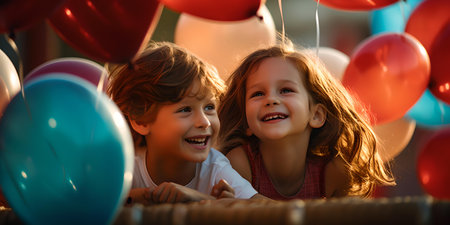 A heartwarming scene of two young kids surrounded by vibrant balloons, basking in golden hour light. A.I.の素材