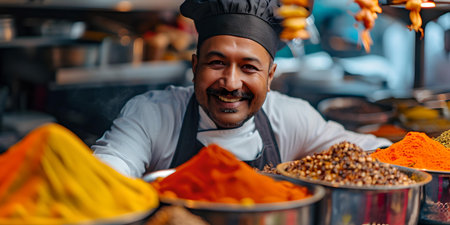 Smiling chef surrounded by colorful spices at a market stall, embodying the essence of food tourism and cultural diversity. A.I.の素材