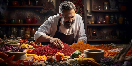 Passionate chef prepares organic ingredients in a cozy kitchen setting full of warm colors and textures. A.I.の素材