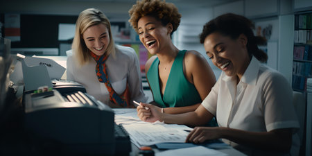 Three female colleagues sharing a light-hearted moment while working with papers in an office environment. A.I.の素材
