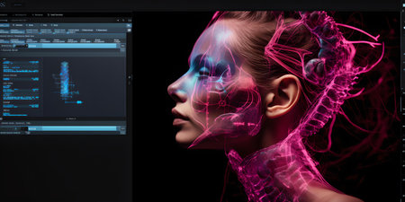 A digital art representation of a woman with dynamic neon patterns, alluding to advanced AI technology and virtual reality. A.I.の素材