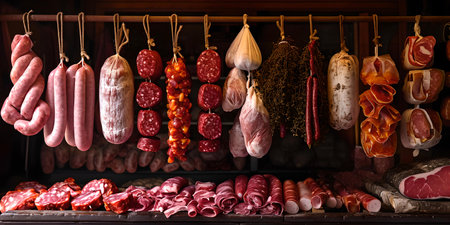 Variety of traditional cured meats and sausages displayed in a rustic delicatessen setup, capturing the essence of artisan food culture. A.I.の素材