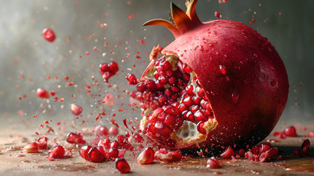 Dynamic shot of a ripe pomegranate bursting open with seeds scattering, captured in sharp detail against a moody backdrop. A.I.の素材