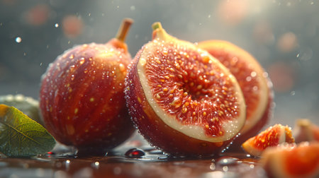 Close-up of succulent fresh figs with water droplets, spotlighted against a soft, misty backdrop. A.I.の素材