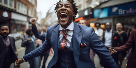 A man in a suit exults with a wide-open mouth on a lively city street, embodying triumph and exhilaration. A.I.の素材