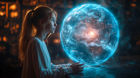 Mysterious scene with a female gazing at a luminous, cosmic sphere. magic and technology merge in a fantasy setting. A.I.の素材