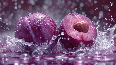 Two plums immersed in water with splashes, highlighting freshness and vitality in a dynamic scene. A.I.の素材