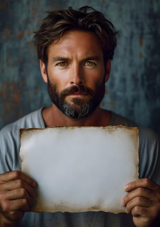 Man with a beard presenting an empty old paper, perfect for ads and creative projects. A.I.の素材