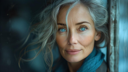 Close-up portrait of a dignified mature woman with striking blue eyes and silver hair. A.I.の素材