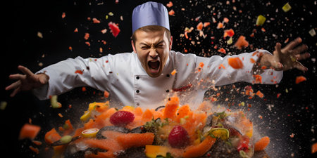 Dynamic image of a chef with airborne vegetables, showing motion and emotion in a kitchen setting. A.I.の素材