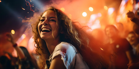 A woman with a beaming smile experiences the euphoria of a live concert. confetti, crowd, and excitement. A.I.の素材