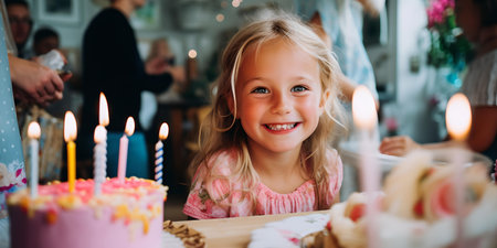 A smiling girl with birthday cake lit with candles at a festive table, surrounded by family. A.I.の素材