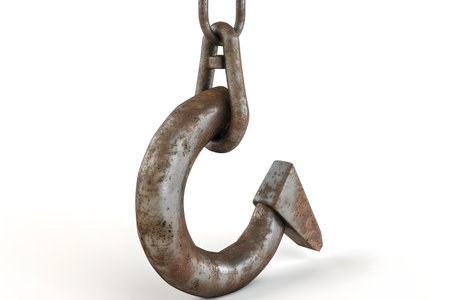 Close-up of a weathered industrial hook against a white backdrop, symbolizing resilience and power. A.I.の素材
