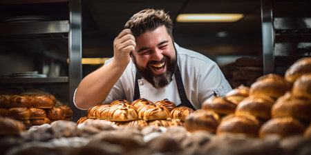 A happy male baker takes pride in his delicious, freshly baked bread in a cozy bakery setting. A.I.の素材