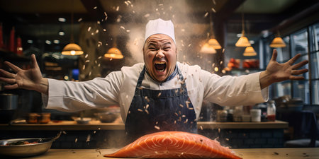 A delighted chef seasons a large salmon with a flair in a bustling kitchen, showcasing culinary passion and skill. A.I.の素材