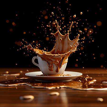 Captivating high-speed shot of coffee splash from a cup on a dark background, depicting energy and motion. A.I.の素材