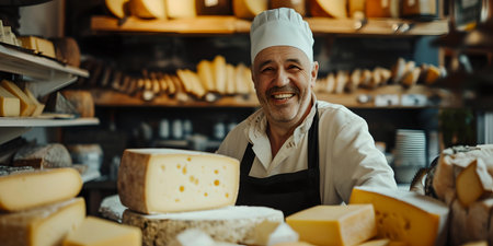 A cheerful artisanal cheese maker poses among a diverse selection of fine cheeses in a cozy shop. A.I.の素材