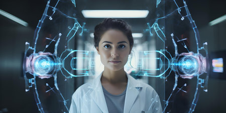 A woman in a lab coat stands in front of a holographic interface, symbolizing cutting-edge scientific progress. A.I.の素材