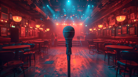 Vintage pub interior with stage and microphone in spotlight, conveying anticipation of a live performance. A.I.の素材